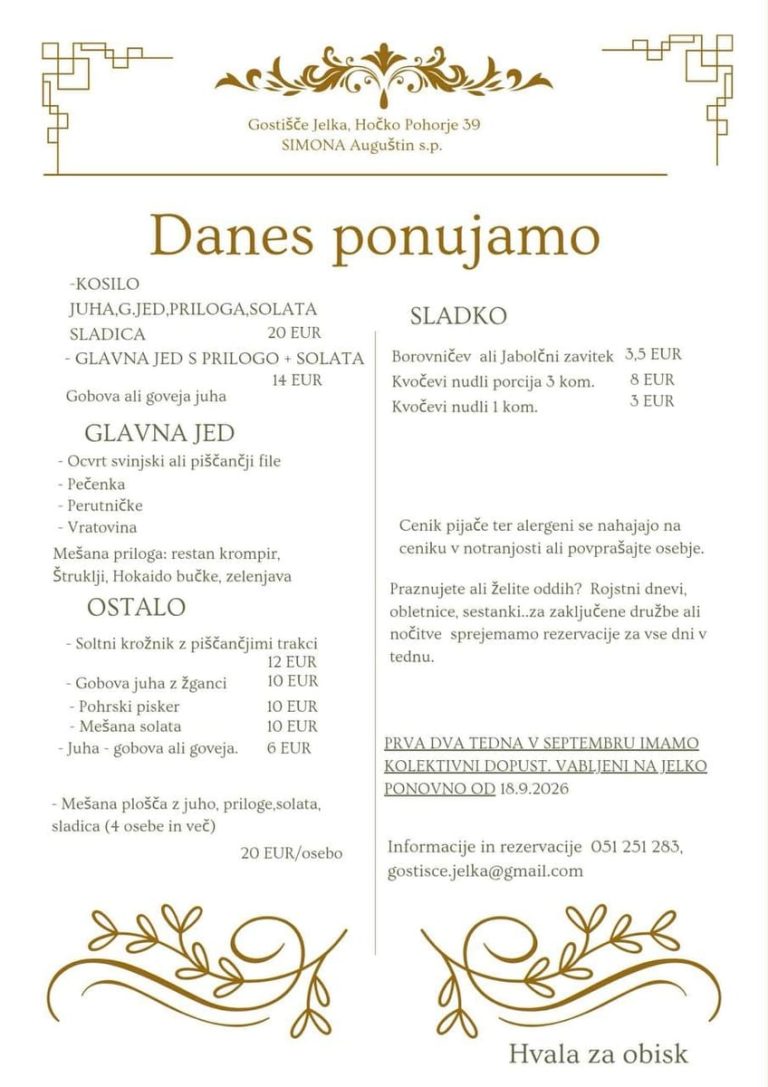 Jedilnik Gostišča Jelka — Danes ponujamo