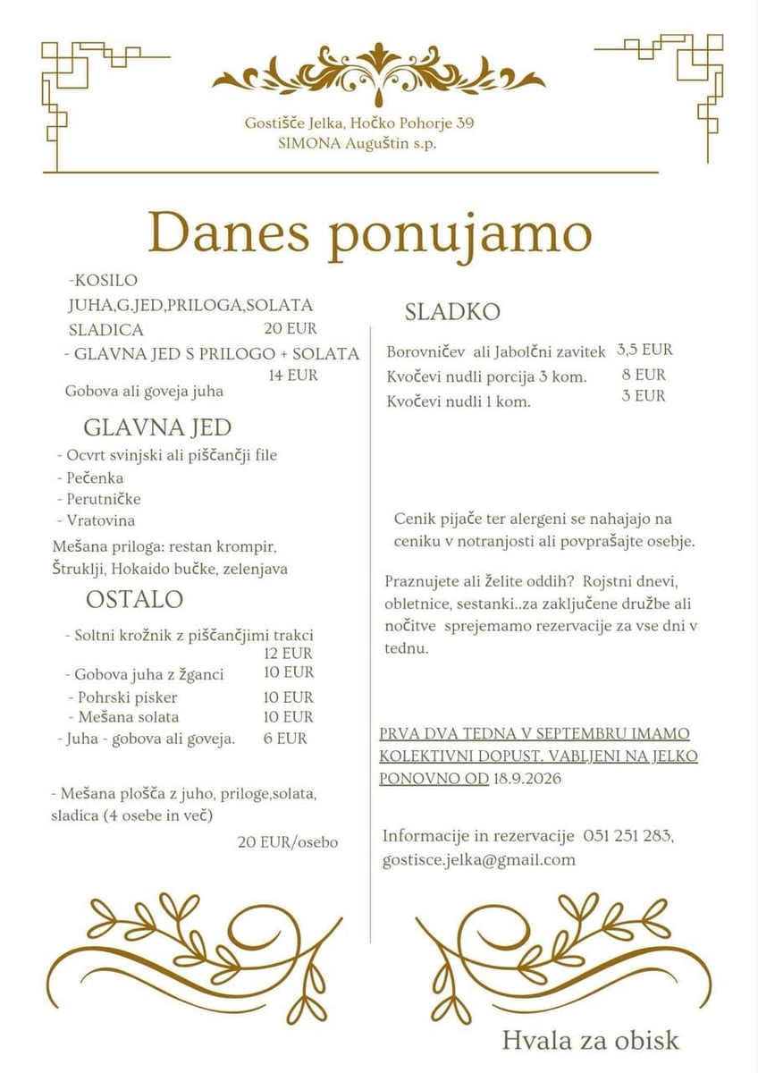 Jedilnik Gostišča Jelka — Danes ponujamo